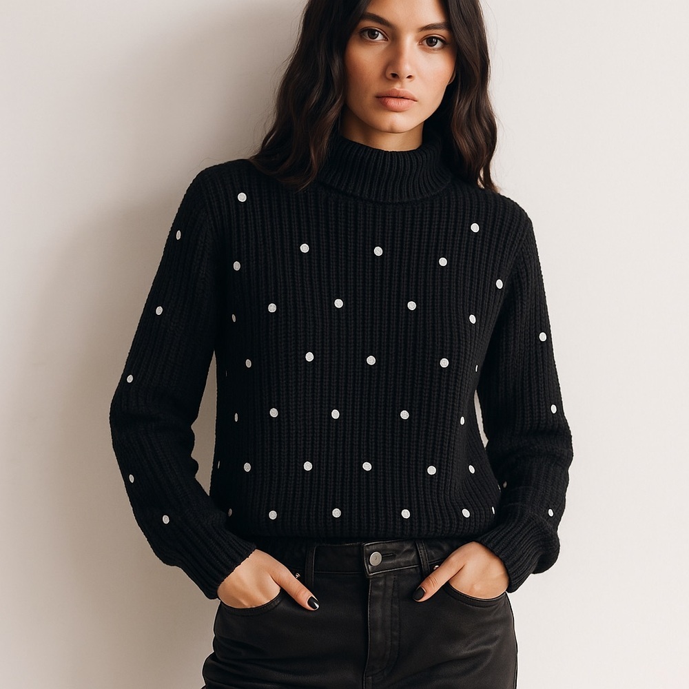 English Factory Black Polka Dot Mock Neck Knit Sweater S